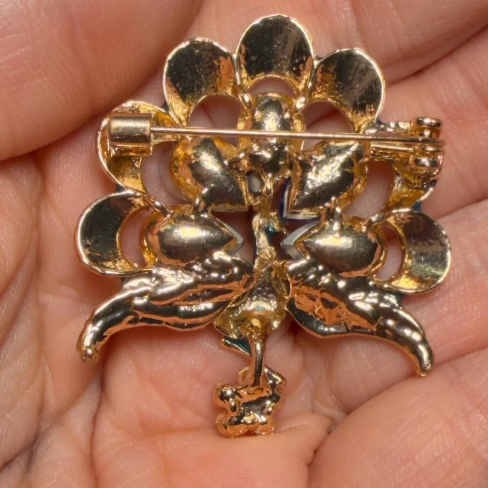 Peacock Brooch Blue Rhinestone Enamel Statement Pin – 1.75”